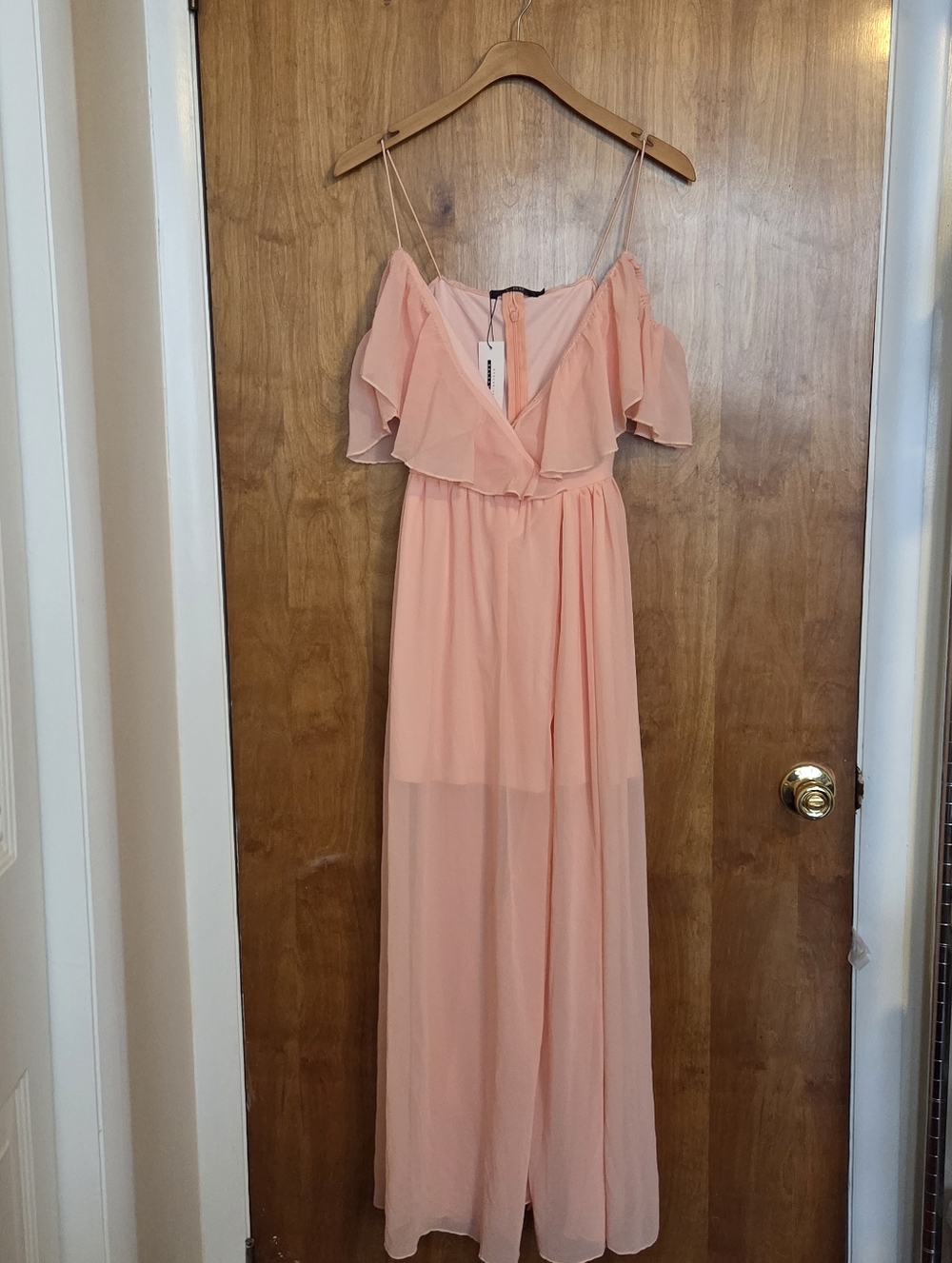 CBR Peach Off-Shoulder Chiffon Maxi Dress